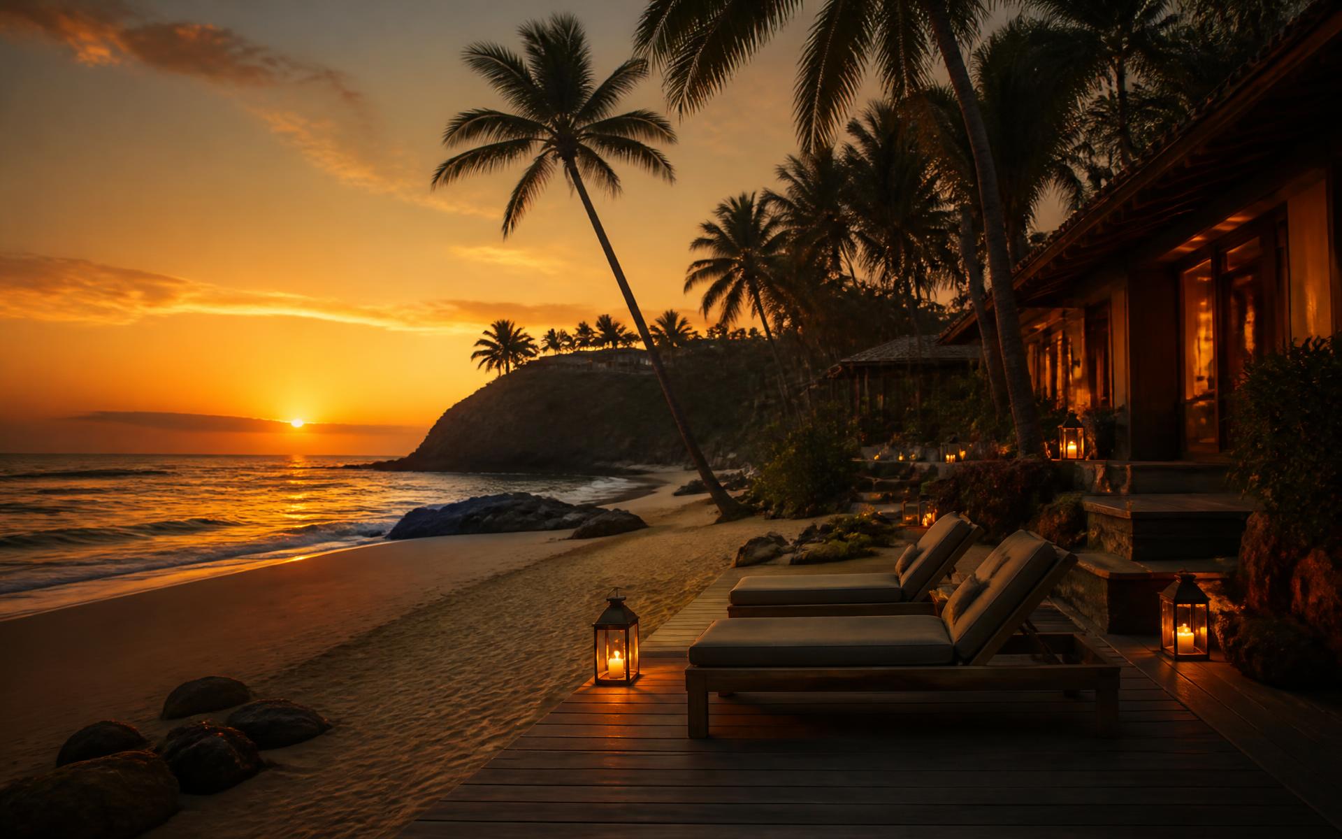 Lanterns and lounge chairs on a quiet beach deck at golden hour